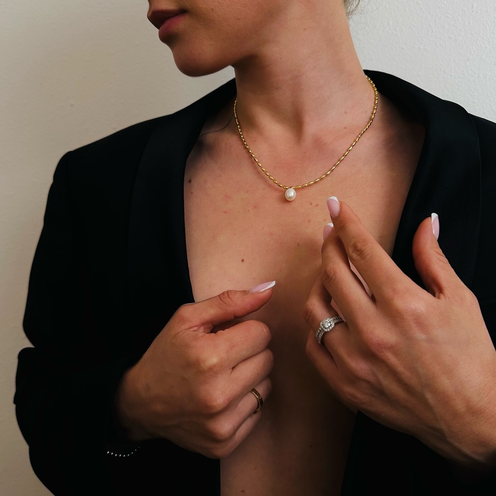 New 18K Gold Beads Chain Real Pearl Chocker Necklace - Picture 5 of 8